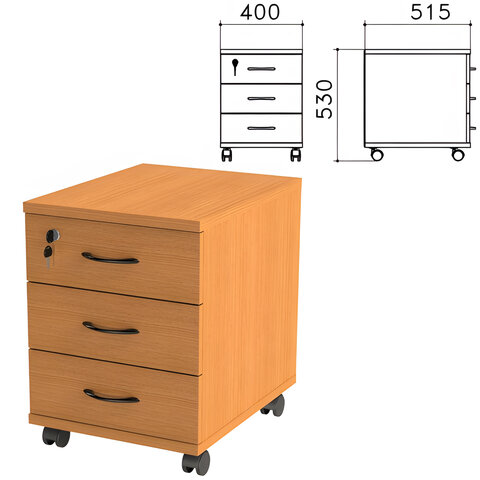 Тумба подкатная "Фея", 400х515х530 мм, 3 ящика, замок, цвет орех милан, ТФ07.5