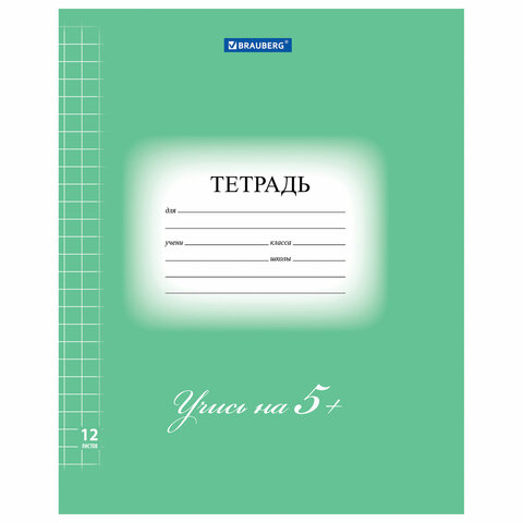 Тетрадь 12 л. BRAUBERG ЭКО "5-КА", крупная клетка, обложка плотная мелованная бумага, ЗЕЛЕНАЯ, 104761