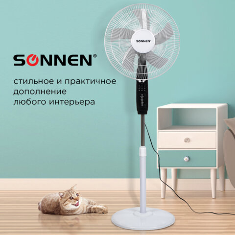 Вентилятор напольный, 3 режима, пульт ДУ, SONNEN TF-45W-40-520, d=40 см, 45 Вт, белый, 454788, FS-40-520