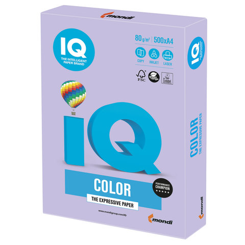 Бумага цветная IQ color А4, 80 г/м2, 500 л., тренд, бледно-лиловая, LA12