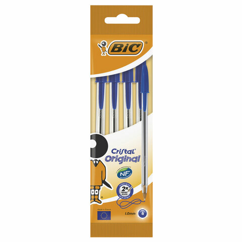 Ручки шариковые BIC, набор 4 шт., "Cristal Original", пластиковая упаковка с европодвесом, синие, 8308601