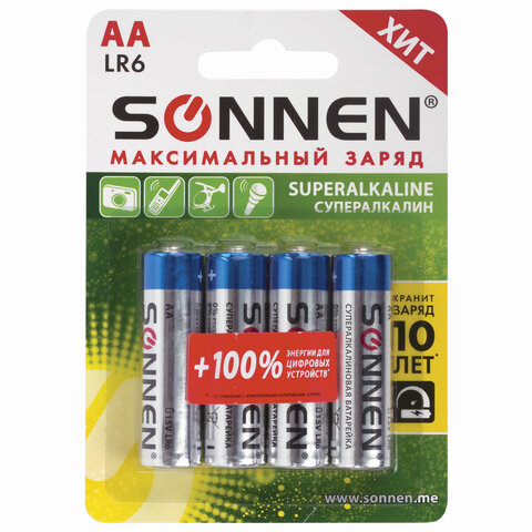 Батарейки КОМПЛЕКТ 4 шт., SONNEN Super Alkaline, АА (LR6,15А), алкалиновые, пальчиковые, блистер, 451094