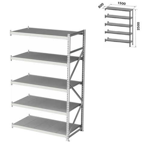 Стеллаж металлический (ПРИСТАВНАЯ СЕКЦИЯ) ПРАКТИК "MS Pro", 2500х1500х800 мм, 5 полок (КОМПЛЕКТ)